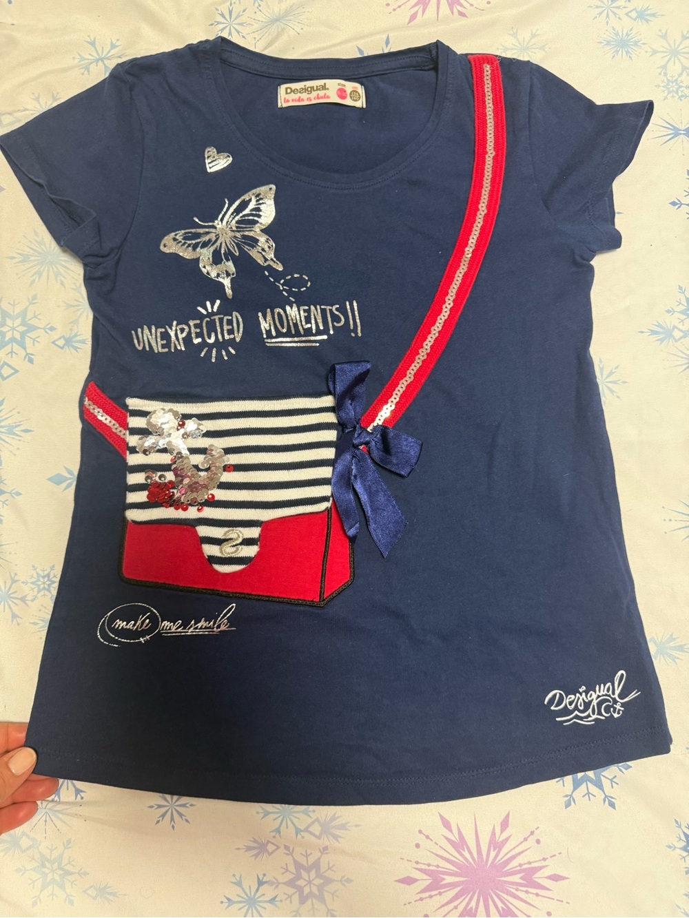 Desigual Navy Short Sleeve Top with Red Strap and Striped Pocket + Jeans Skirt